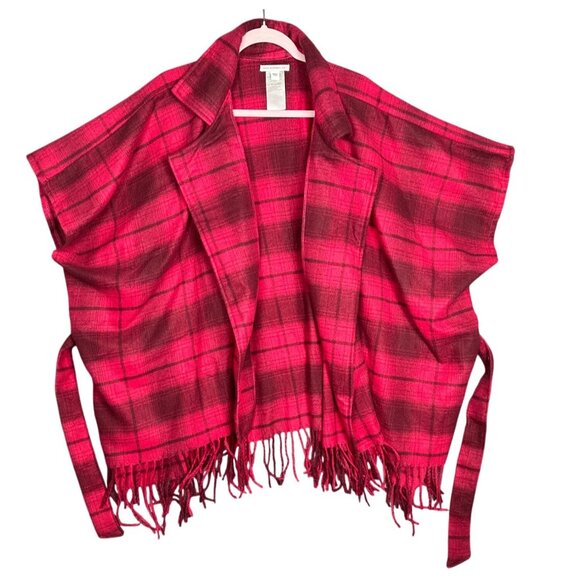 Isaac Mizrahi Women’s Red Plaid Poncho Cape Jacket O/S Belted Fringe Cozy Fall - Picture 11 of 11